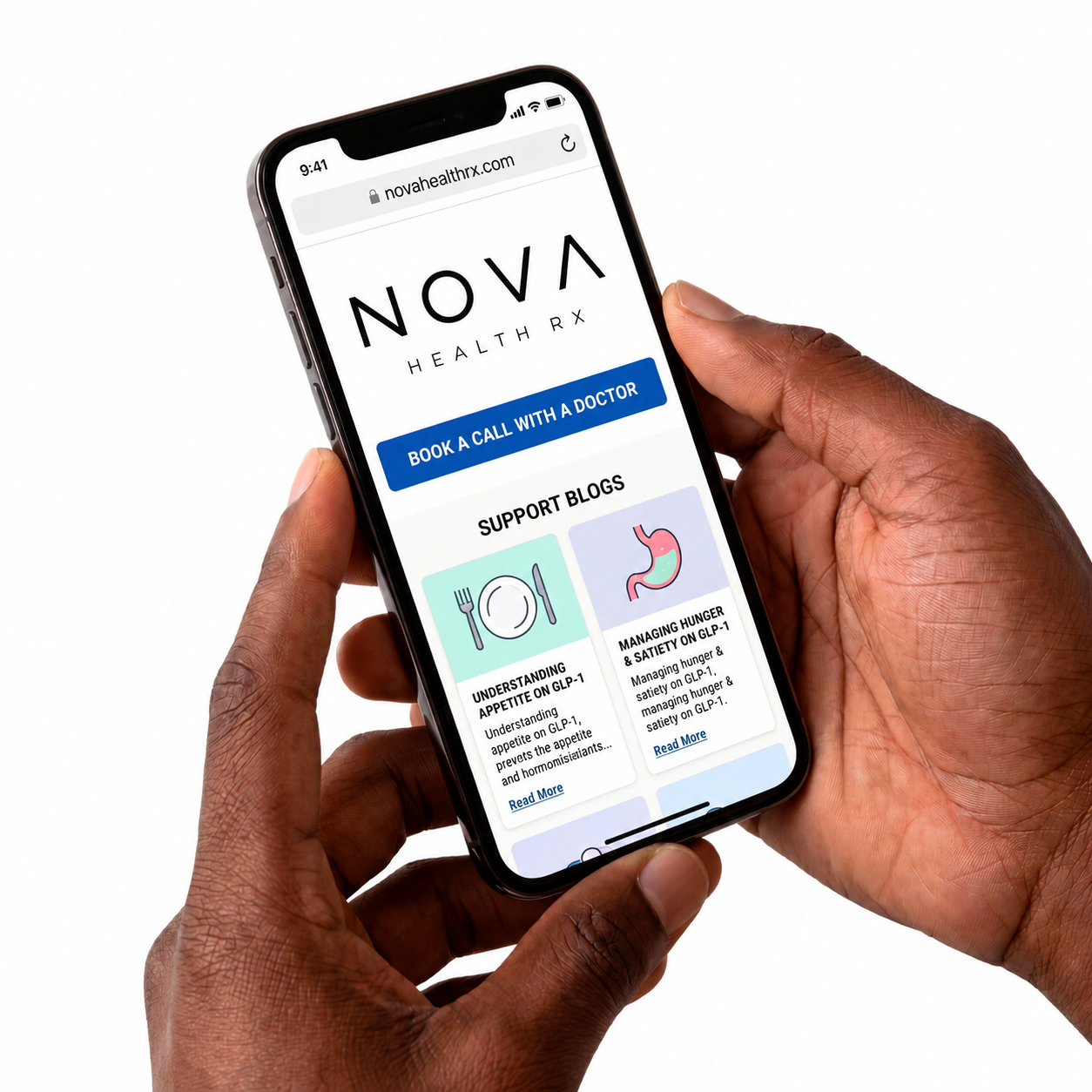 Hand holding a smartphone displaying the Nova Health RX app on a white background